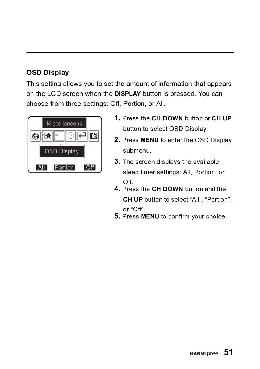 HANNspree DT06-10A1 user manual OSD Display All Portion Off 