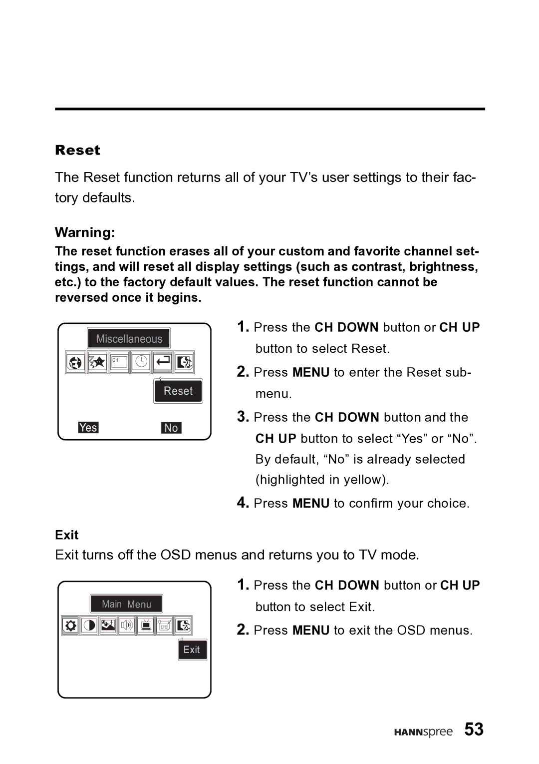 HANNspree DT06-10A1 user manual Reset, Exit 