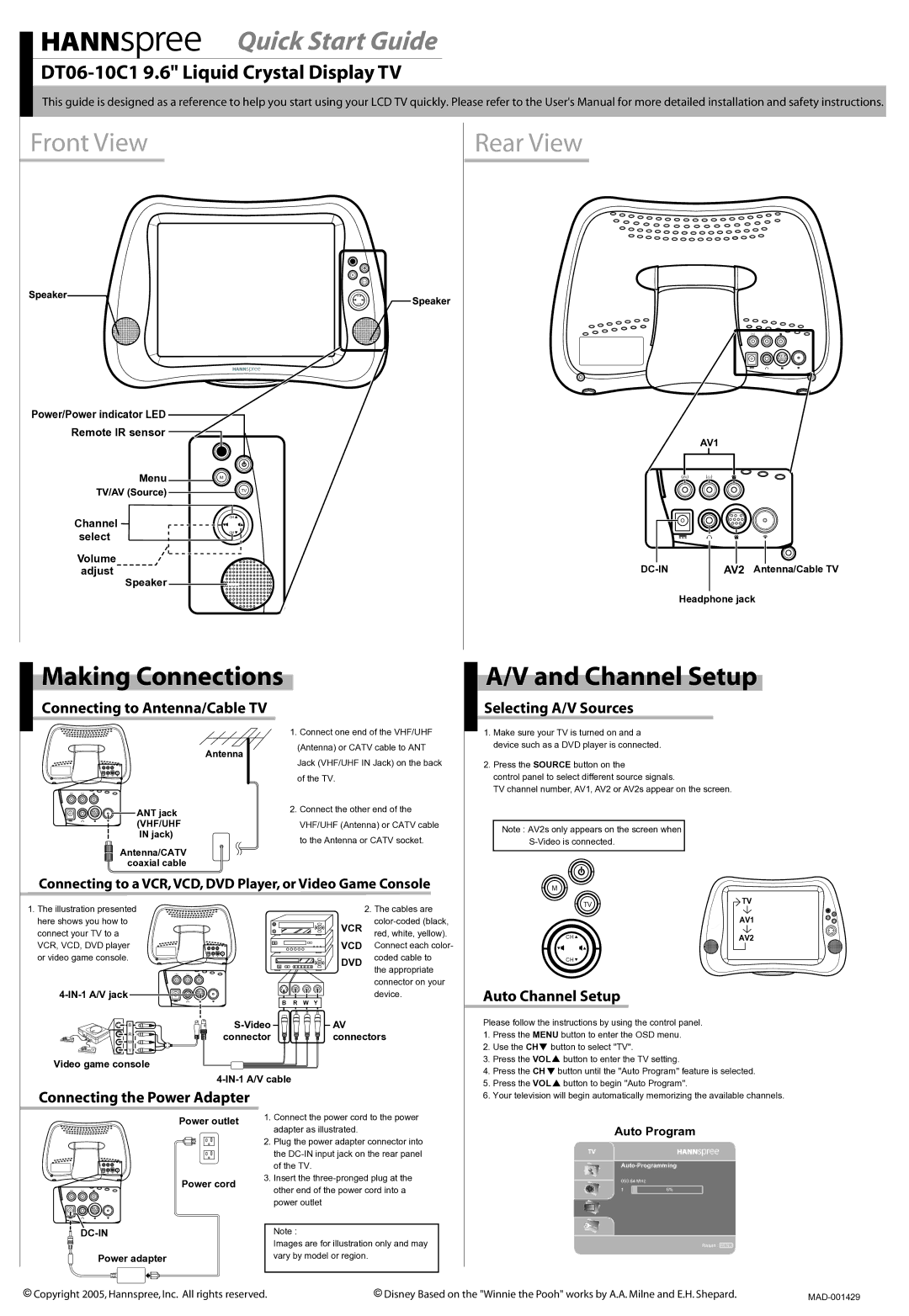 HANNspree DT06-10C1 quick start Selecting A/V Sources, Auto Channel Setup, Connecting to Antenna/Cable TV 