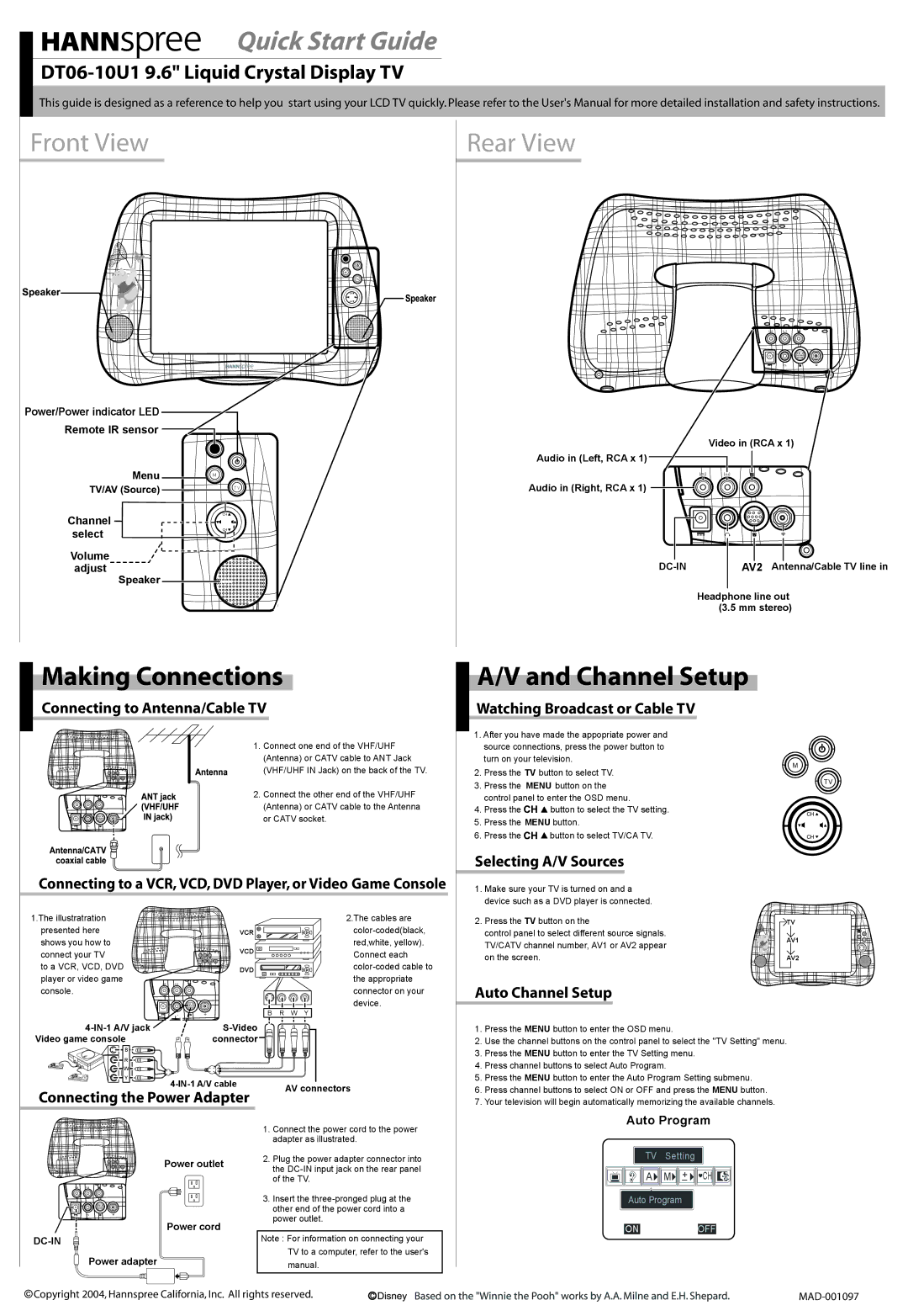 HANNspree DT06-10U1 quick start Connecting to Antenna/Cable TV, Watching Broadcast or Cable TV, Selecting A/V Sources 