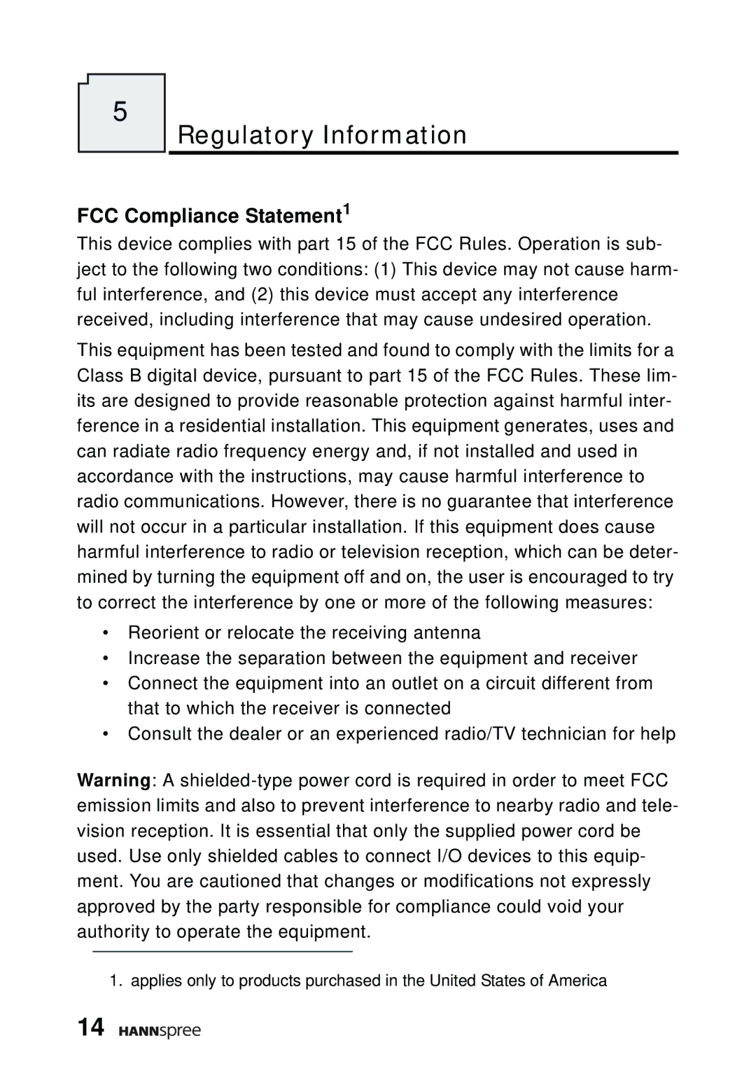 HANNspree DT07-10A1 manual Regulatory Information, FCC Compliance Statement1 