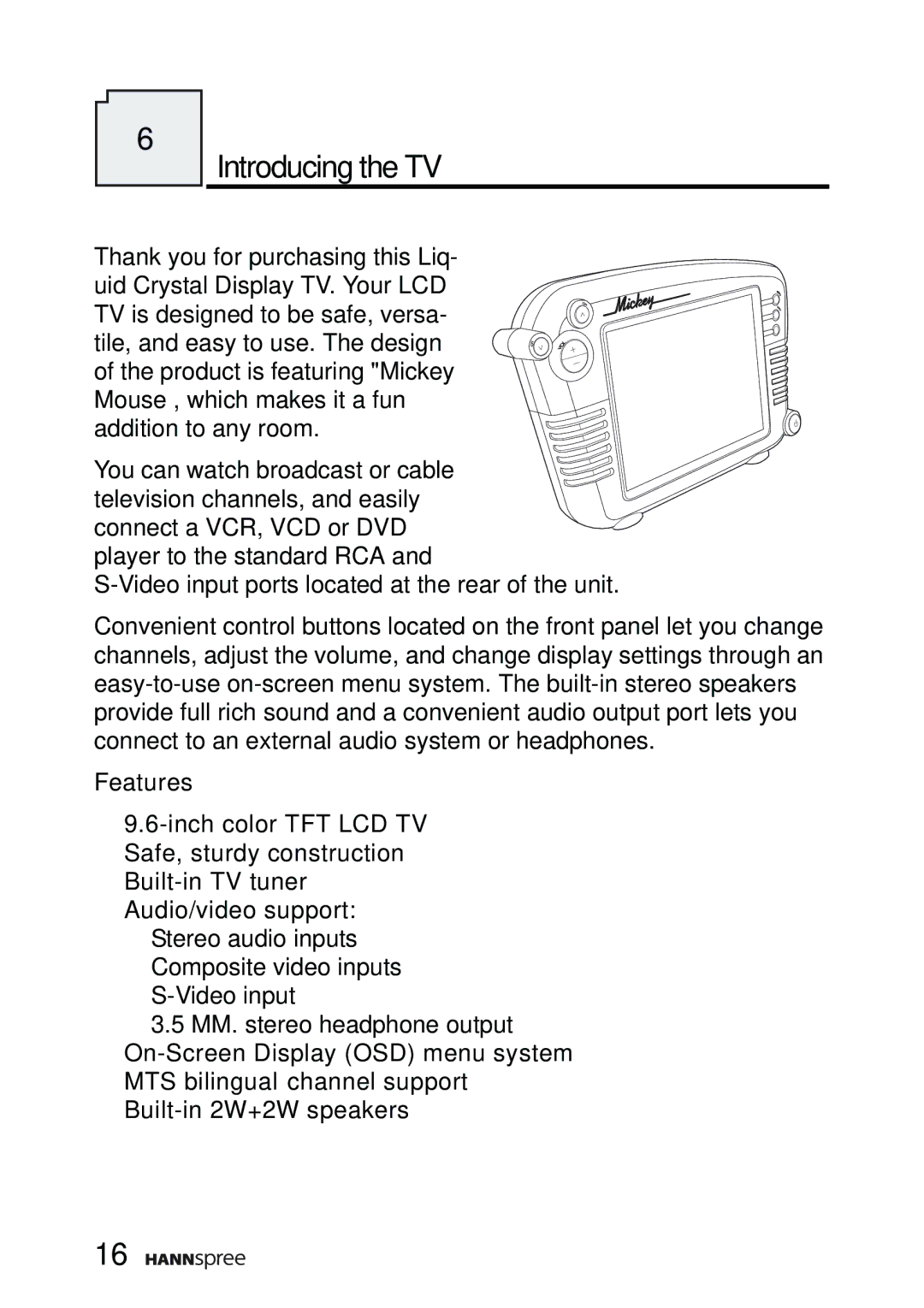 HANNspree DT07-10A1 manual Introducing the TV, Features 