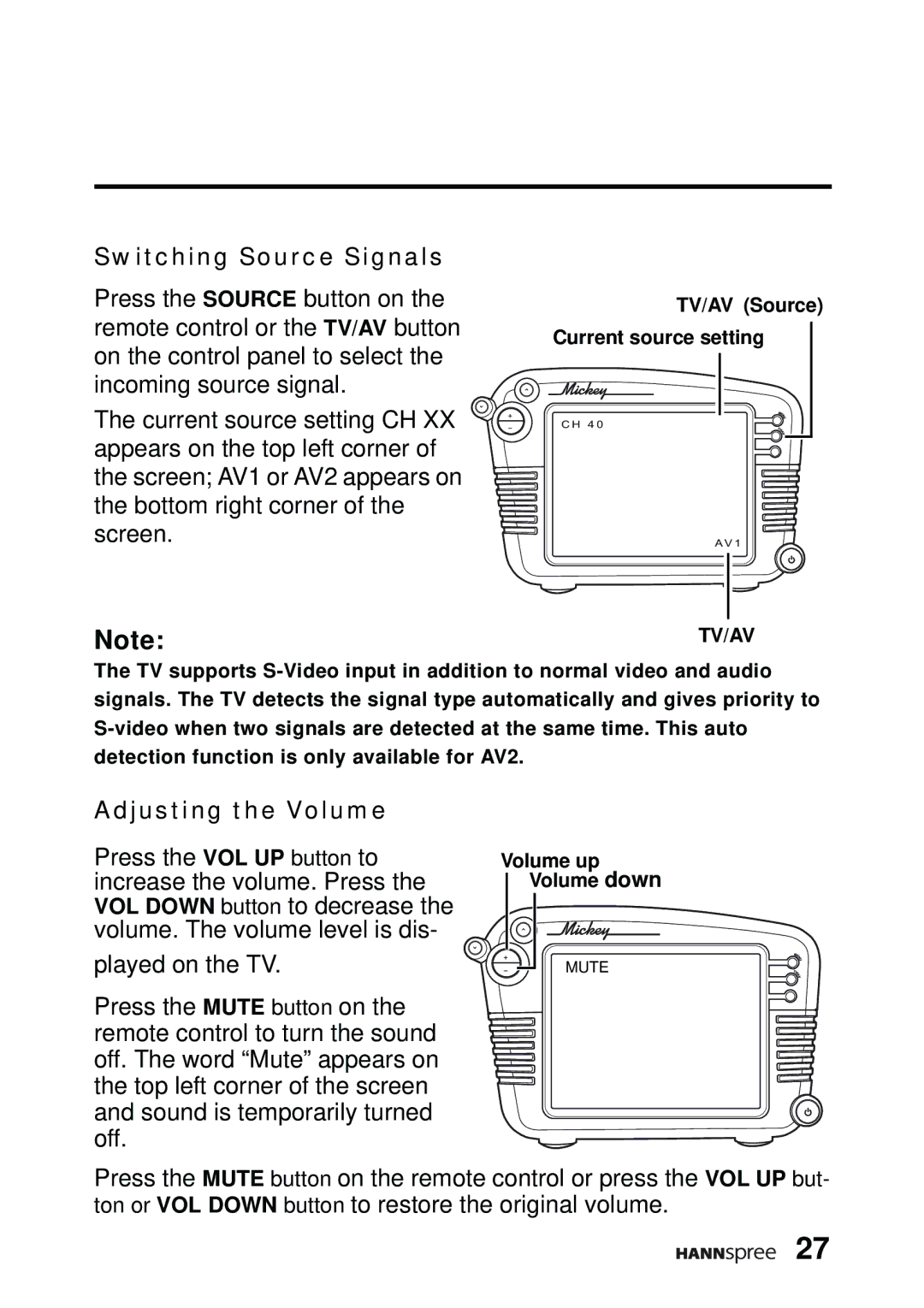 HANNspree DT07-10A1 manual Switching Source Signals, Adjusting the Volume 