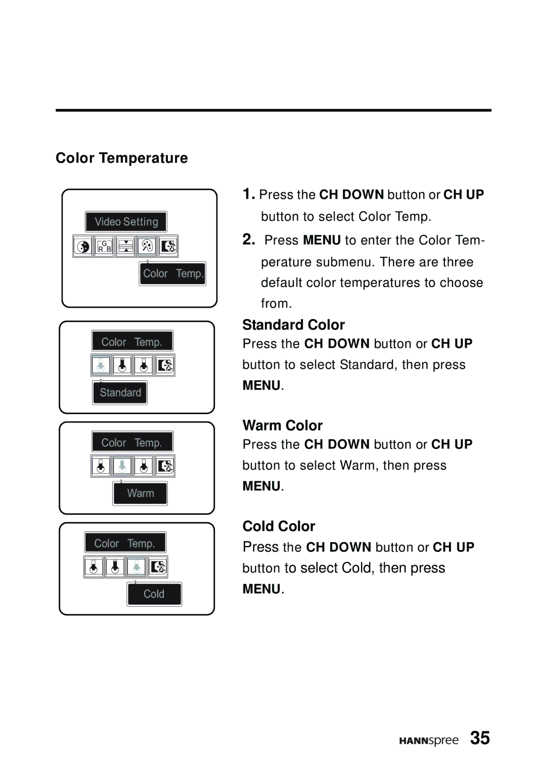 HANNspree DT07-10A1 manual Color Temperature, Standard Color, Warm Color, Cold Color 