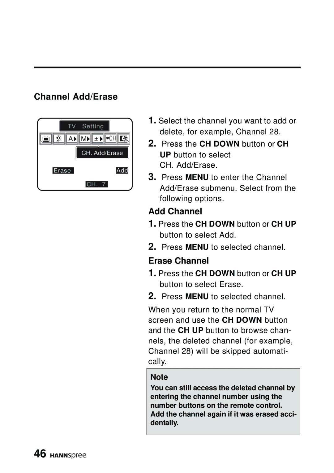 HANNspree DT07-10A1 manual Channel Add/Erase, Add Channel, Erase Channel 