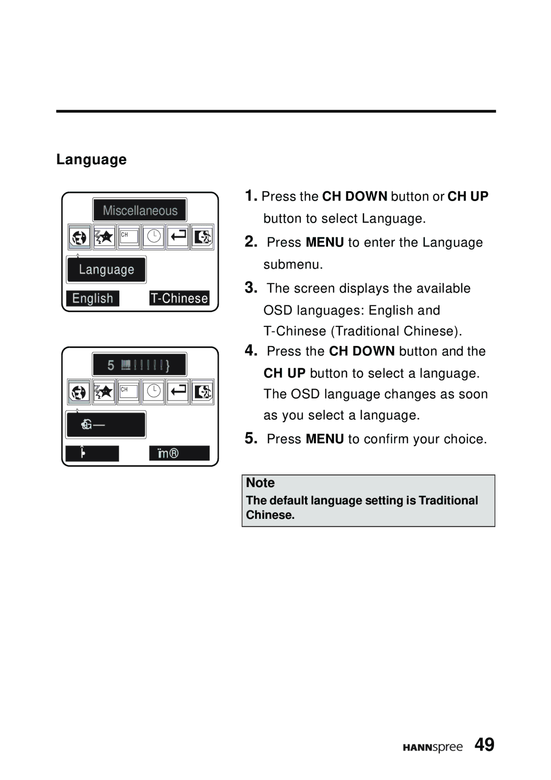 HANNspree DT07-10A1 manual Language, English T-Chinese 