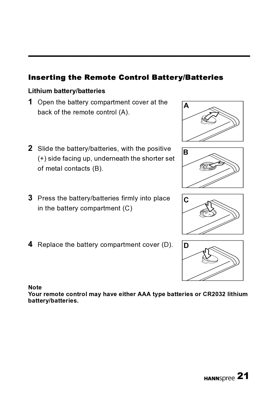 HANNspree DT07-10U1-000 user manual Inserting the Remote Control Battery/Batteries, Lithium battery/batteries 