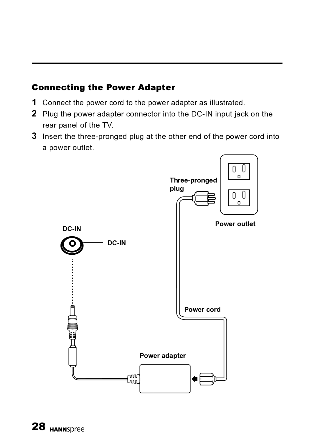 HANNspree DT07-10U1-000 user manual Connecting the Power Adapter, DC-IN input jack 