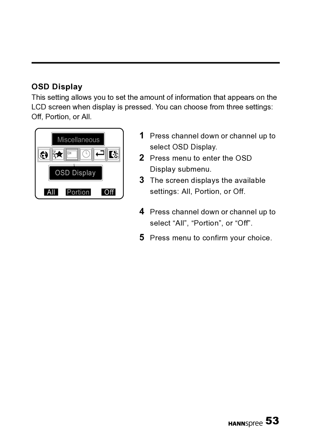 HANNspree DT07-10U1-000 user manual OSD Display All Portion Off 