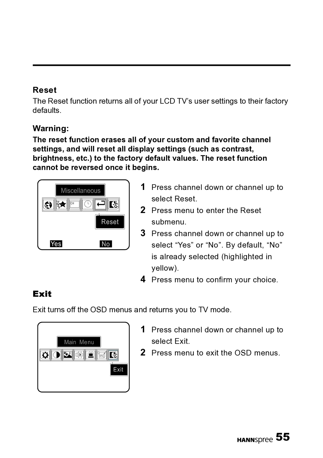 HANNspree DT07-10U1-000 user manual Reset, Exit 