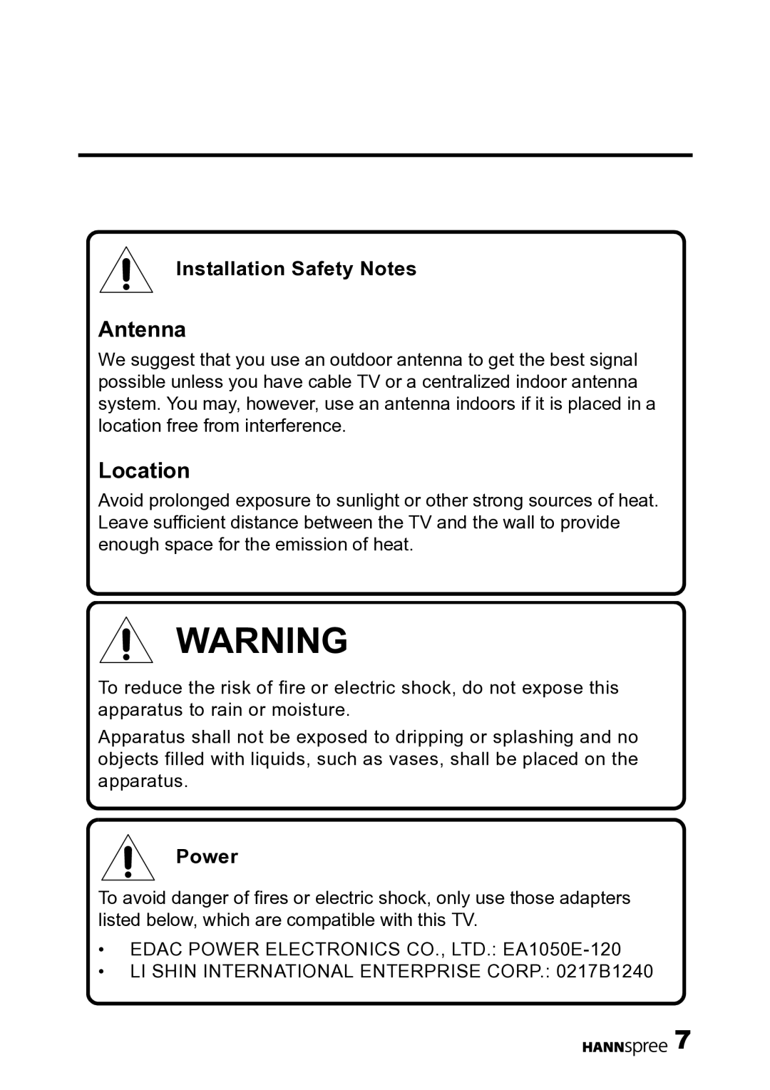 HANNspree DT07-10U1-000 user manual Installation Safety Notes, Power 