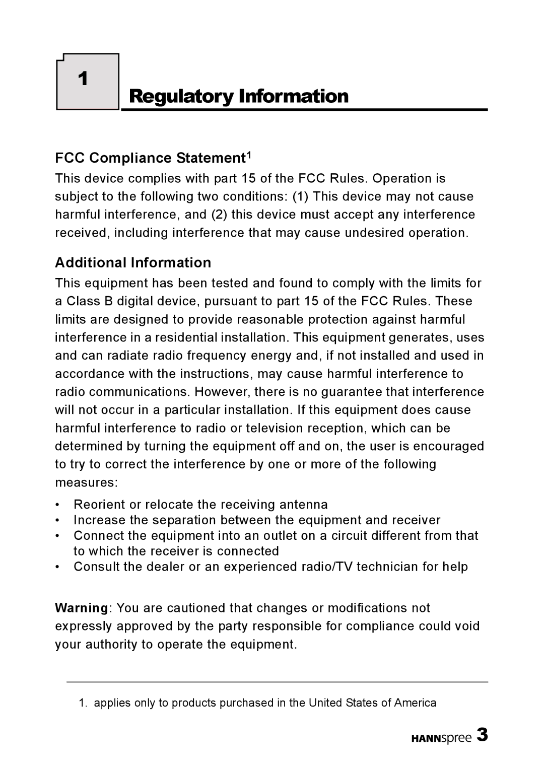 HANNspree DT09-10U1-000 user manual Regulatory Information, FCC Compliance Statement1, Additional Information 