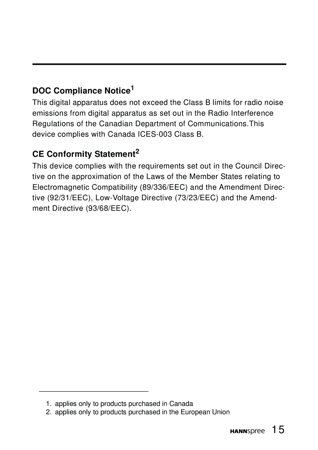 HANNspree DT0B-10A1 manual DOC Compliance Notice1, CE Conformity Statement2 