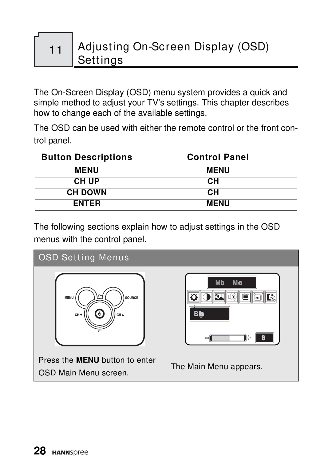 HANNspree DT0B-10A1 manual Adjusting On-Screen Display OSD, Settings, Button Descriptions Control Panel 