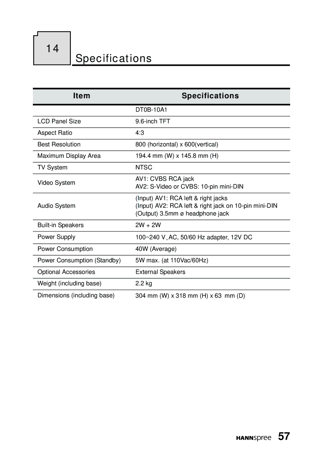 HANNspree DT0B-10A1 manual Specifications 