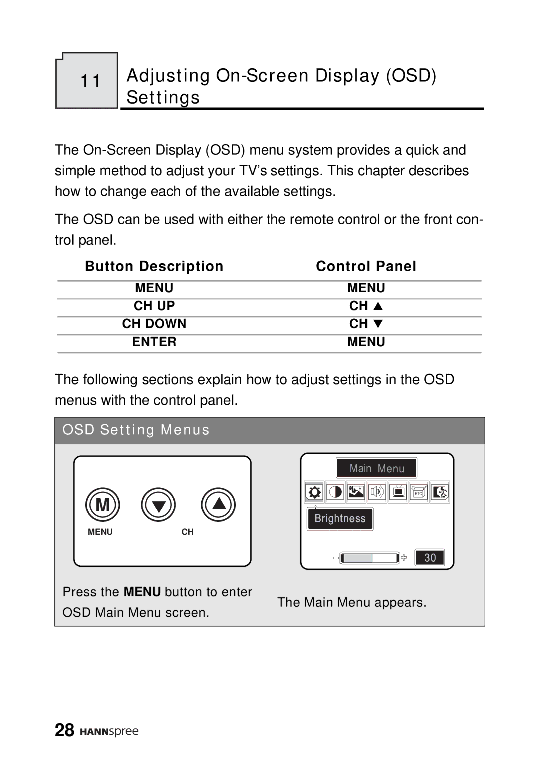 HANNspree DT12-10A1 user manual Adjusting On-Screen Display OSD, Settings, Button Description Control Panel 