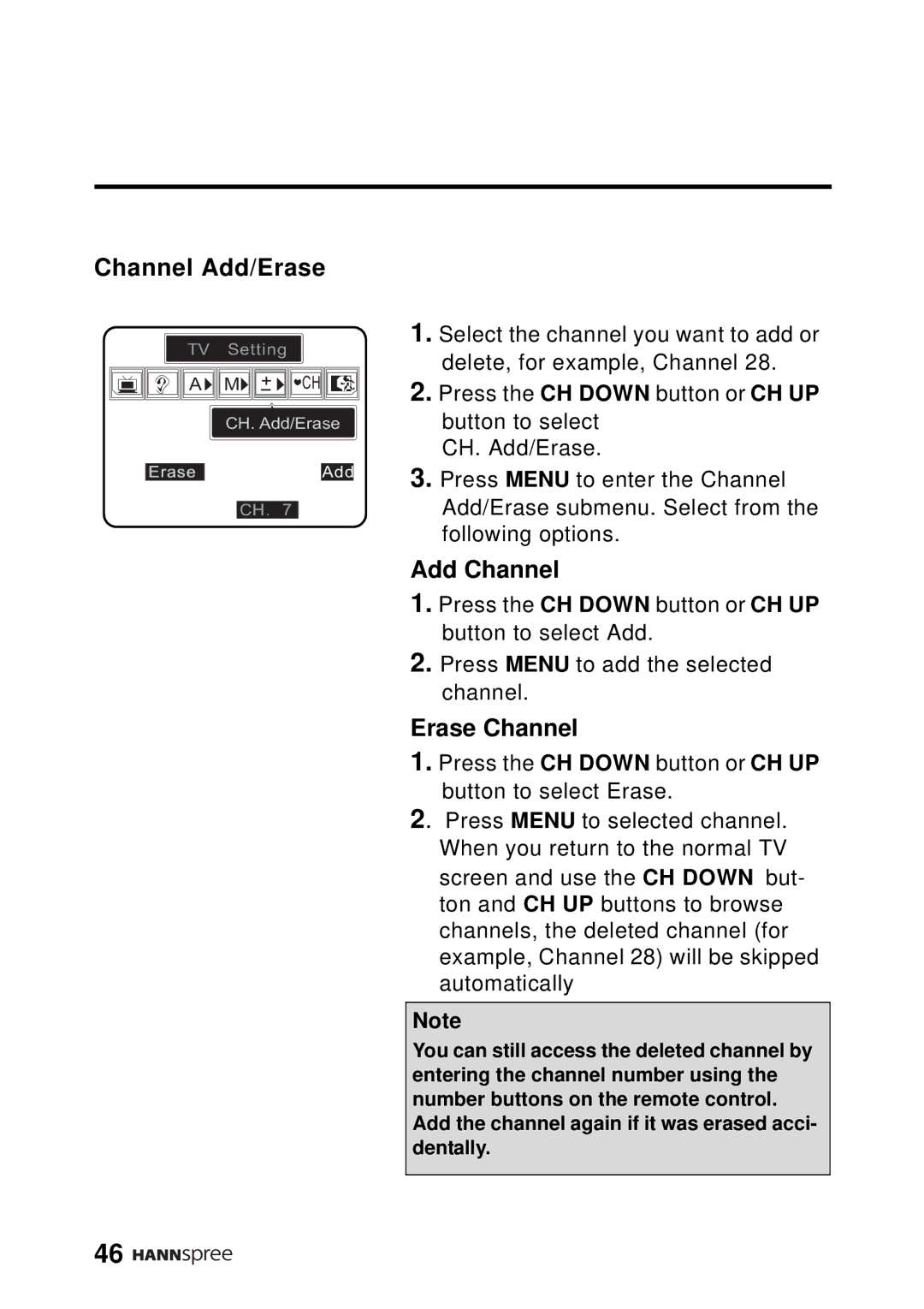 HANNspree DT12-10A1 user manual Channel Add/Erase, Add Channel, Erase Channel 