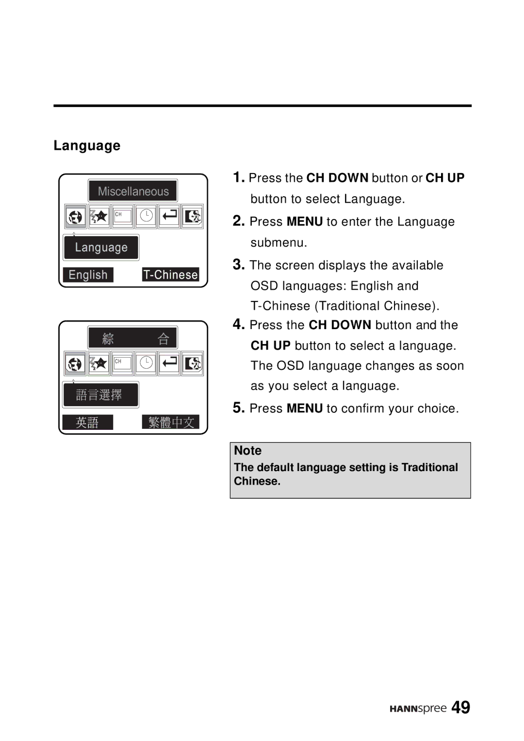 HANNspree DT12-10A1 user manual Language, English T-Chinese 