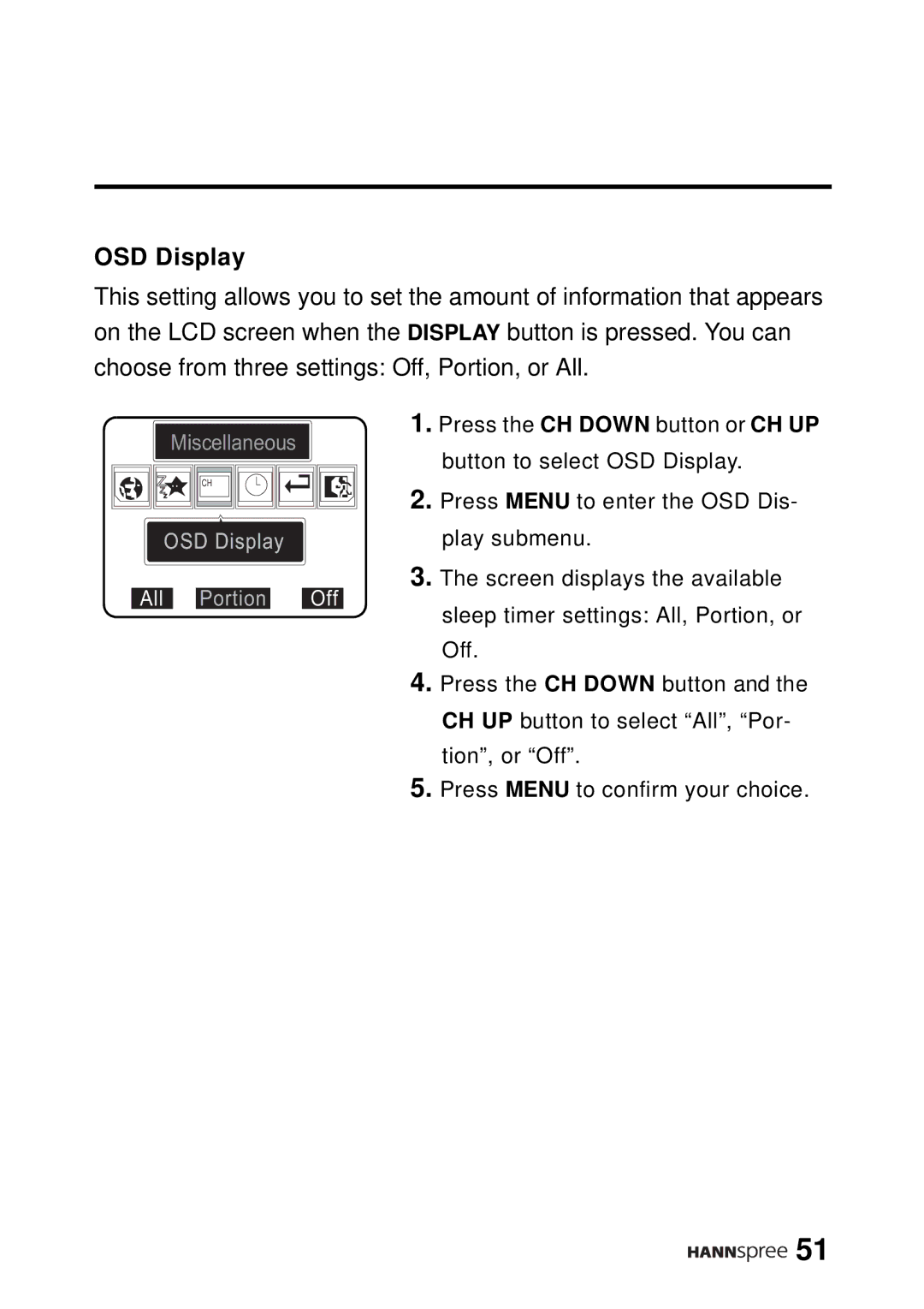 HANNspree DT12-10A1 user manual OSD Display, All Portion Off 