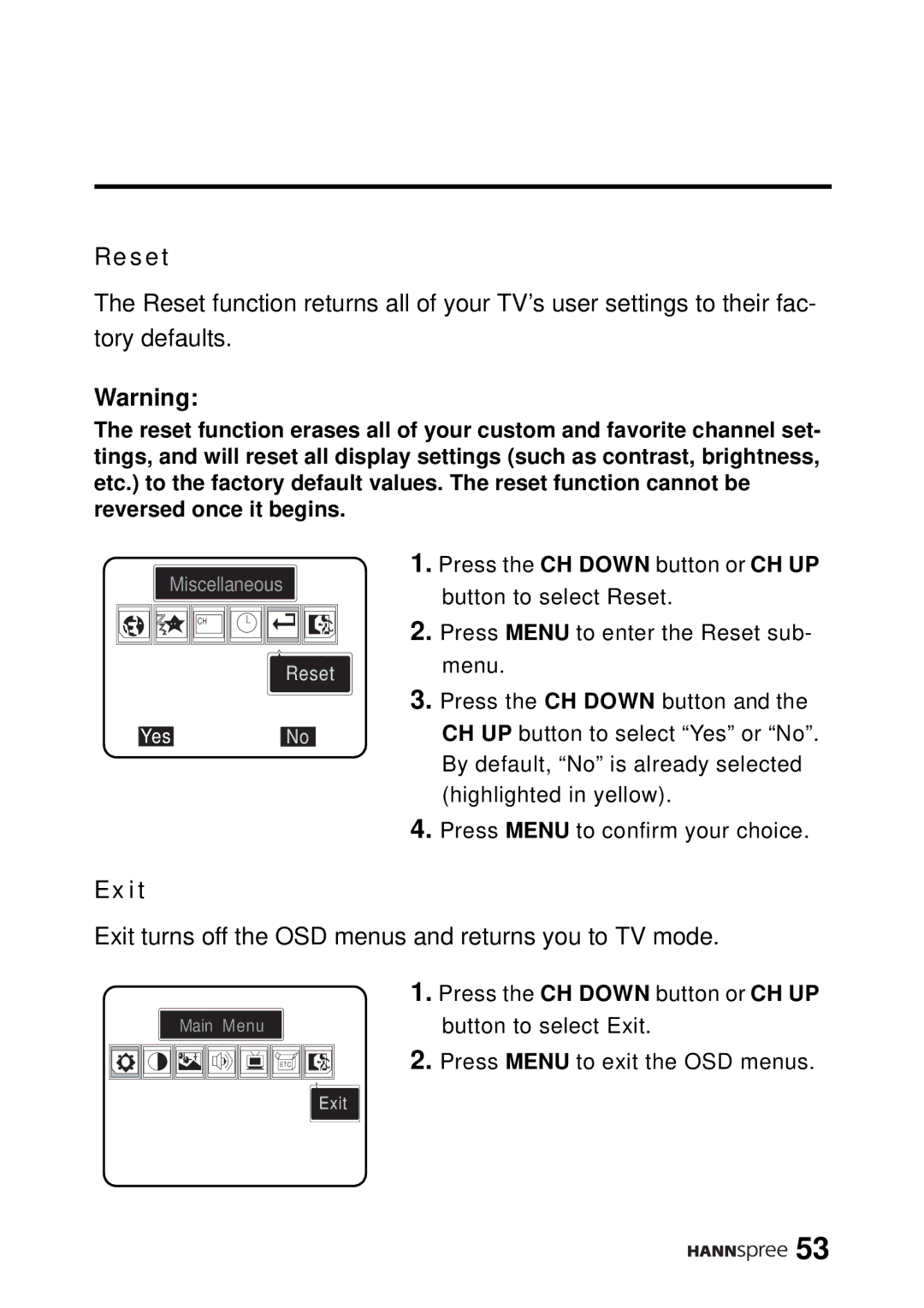 HANNspree DT12-10A1 user manual Reset, Exit 