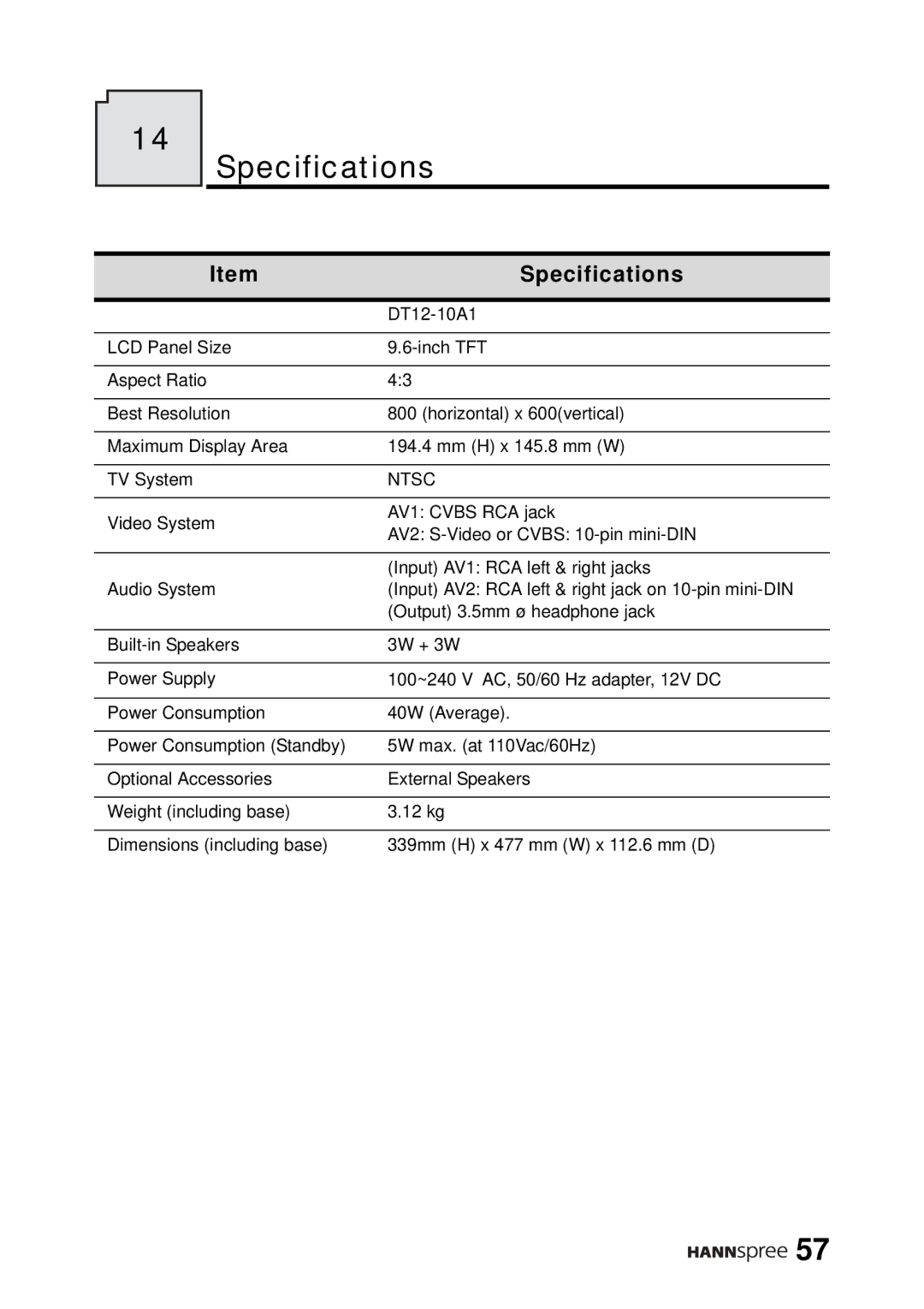 HANNspree DT12-10A1 user manual Specifications 