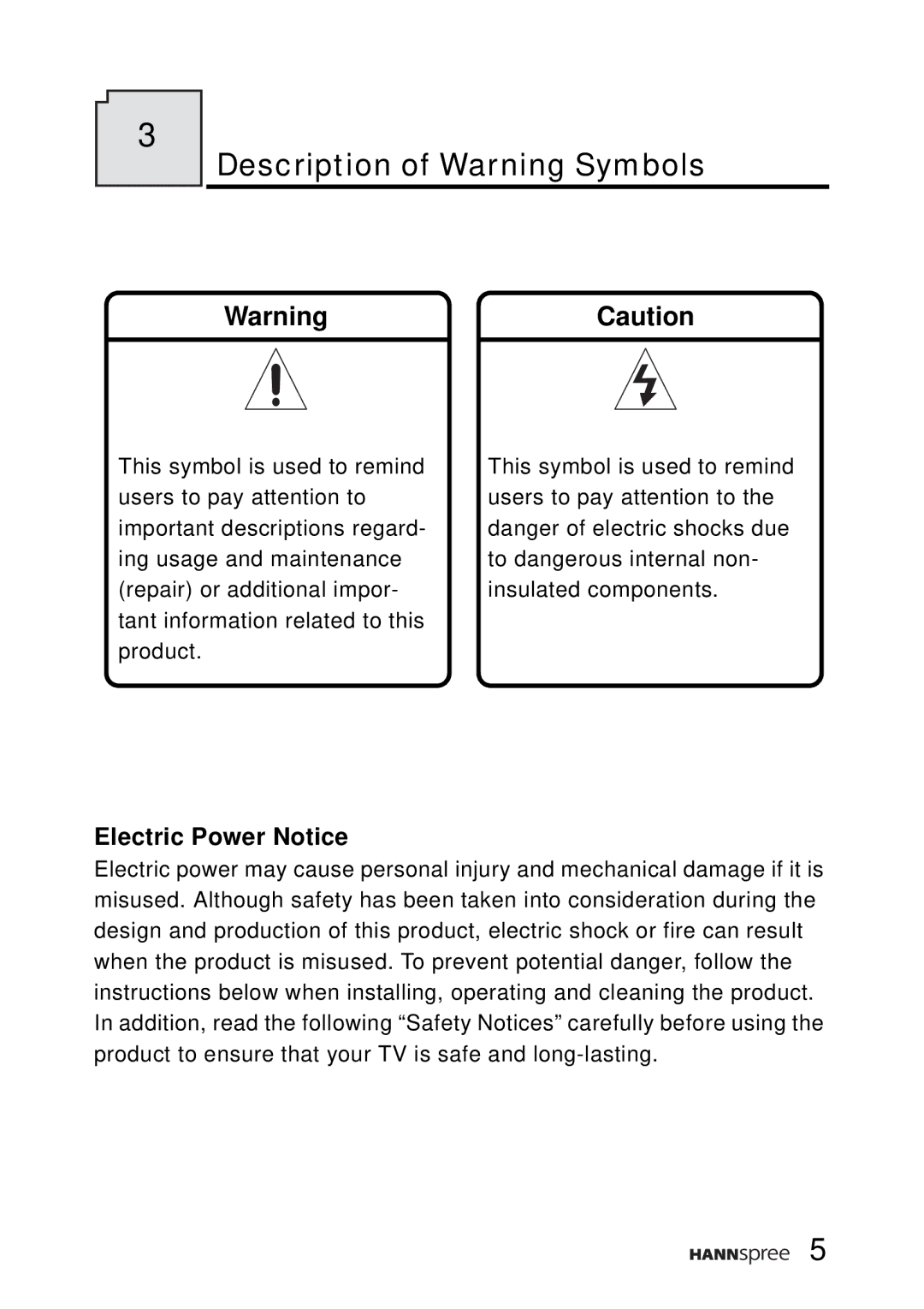 HANNspree DT12-10A1 user manual Description of Warning Symbols, Electric Power Notice 