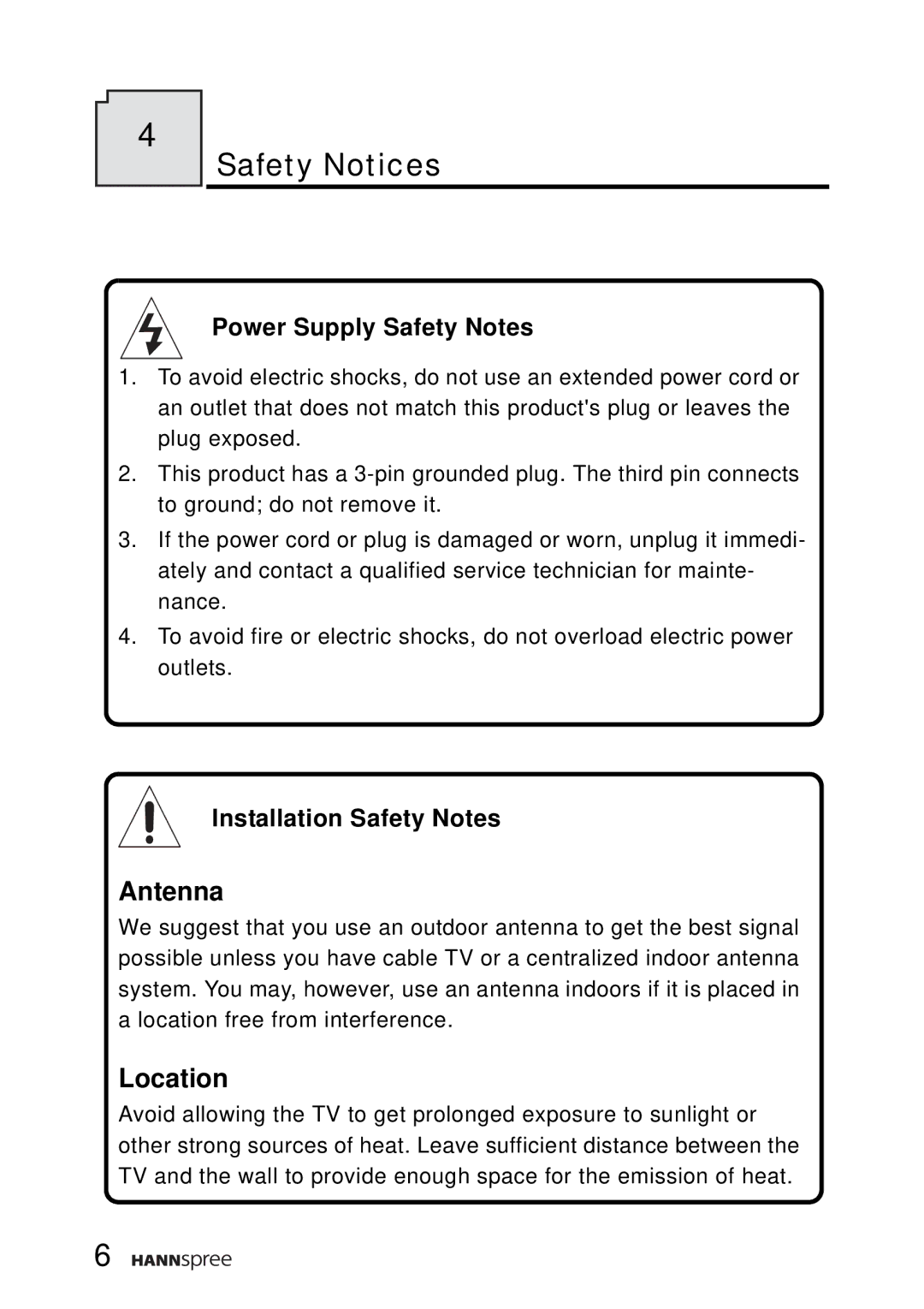 HANNspree DT12-10A1 user manual Safety Notices, Power Supply Safety Notes, Installation Safety Notes 