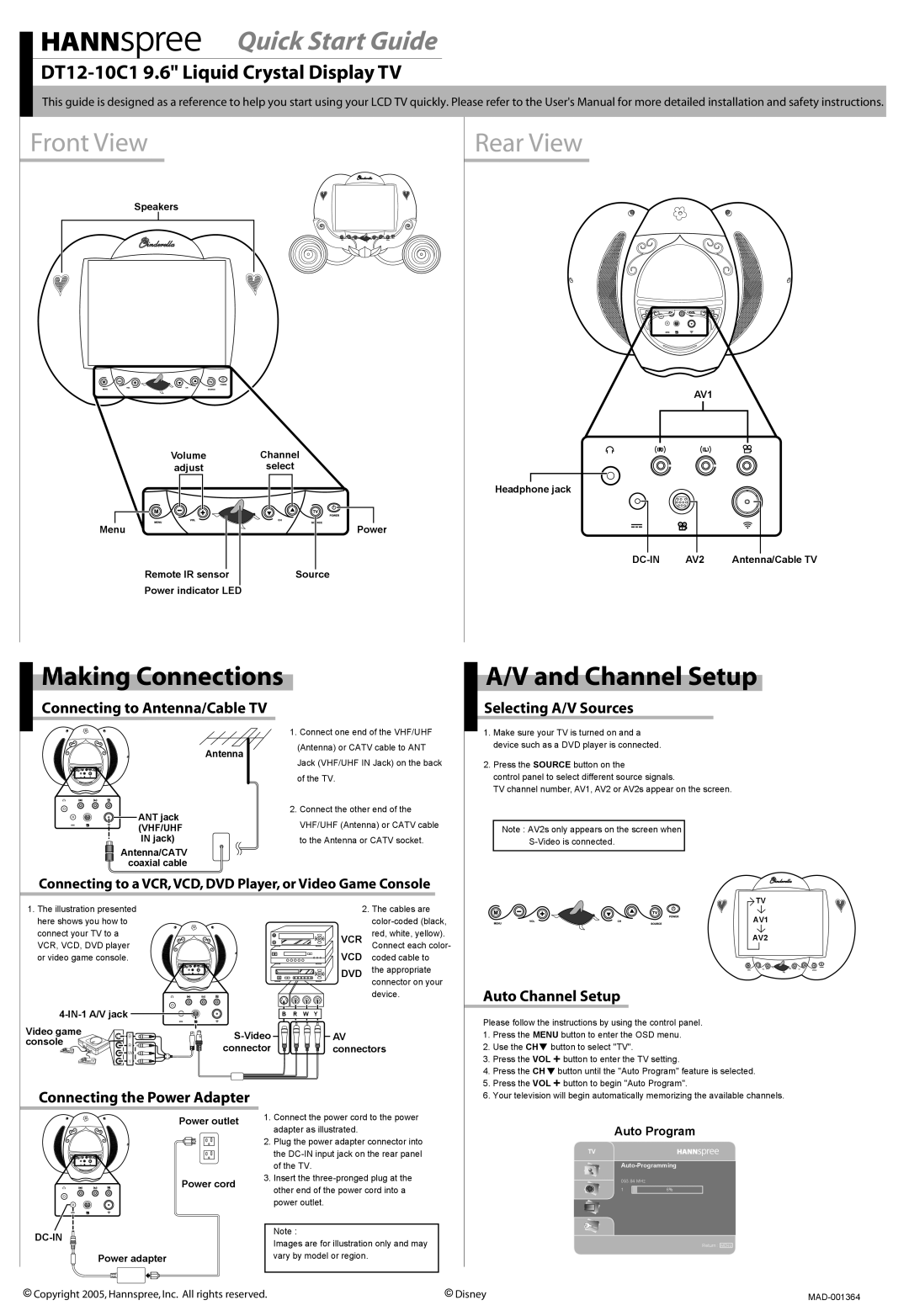 HANNspree DT12-10C1 quick start Selecting A/V Sources, Auto Channel Setup, Connecting to Antenna/Cable TV 