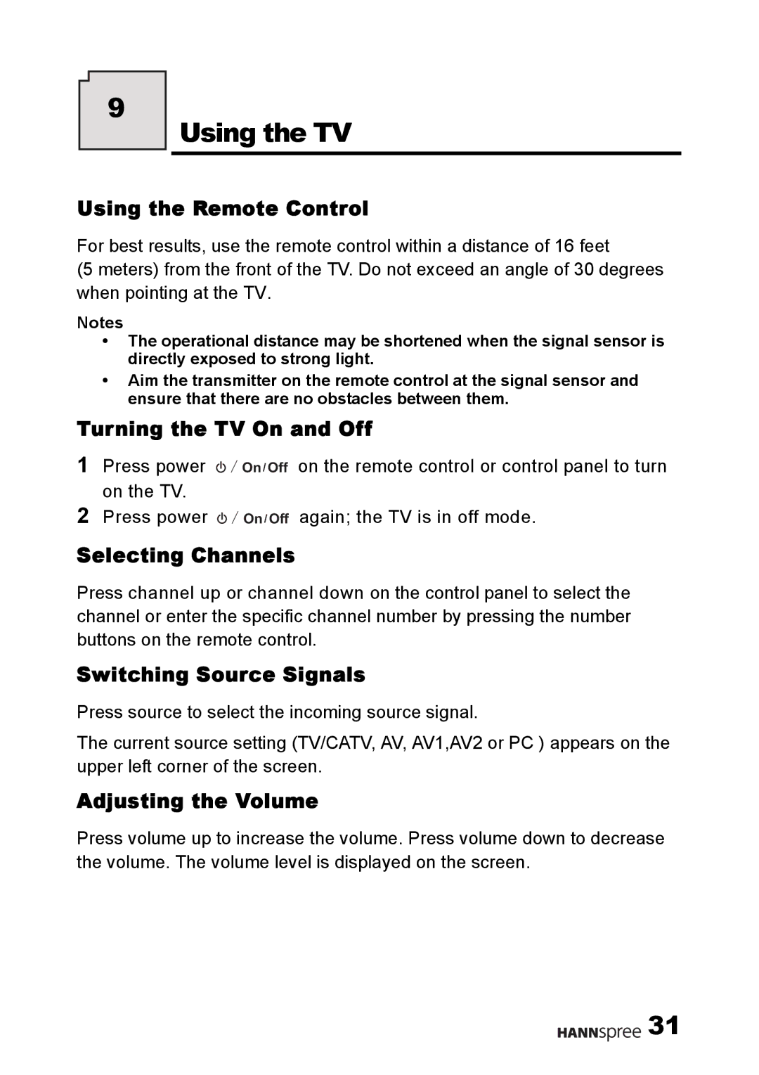 HANNspree F001-15U1-000 user manual Using the TV 