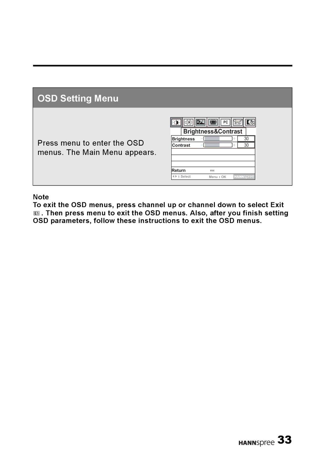 HANNspree F001-15U1-000 user manual OSD Setting Menu 