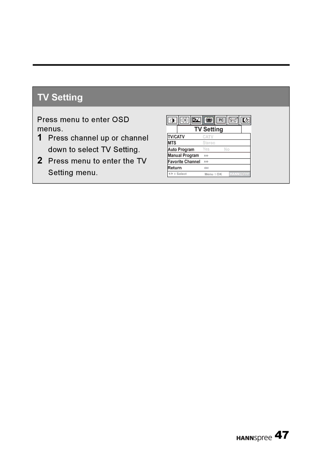 HANNspree F001-15U1-000 user manual TV Setting 