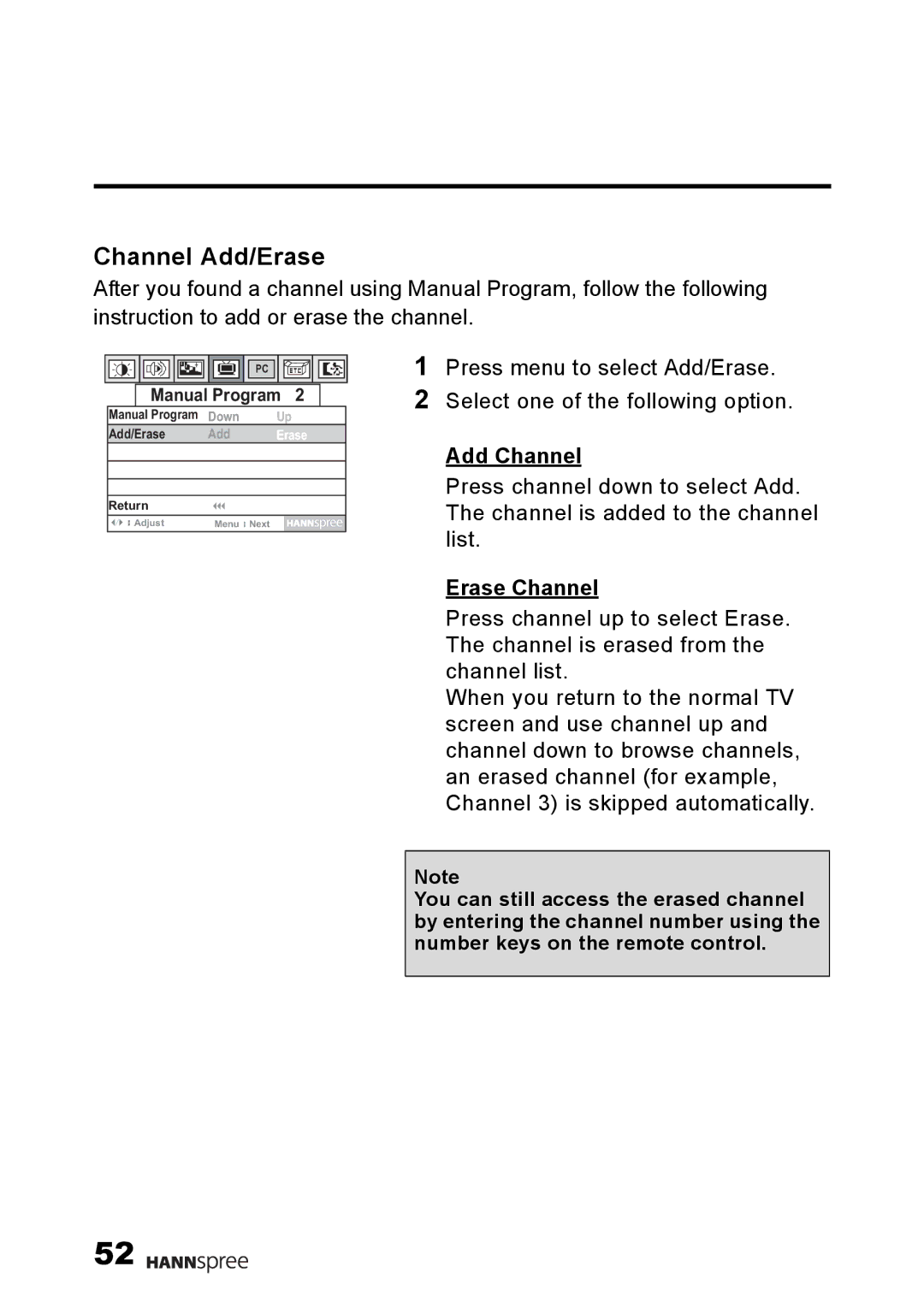 HANNspree F001-15U1-000 user manual Channel Add/Erase, Add Channel, Erase Channel 