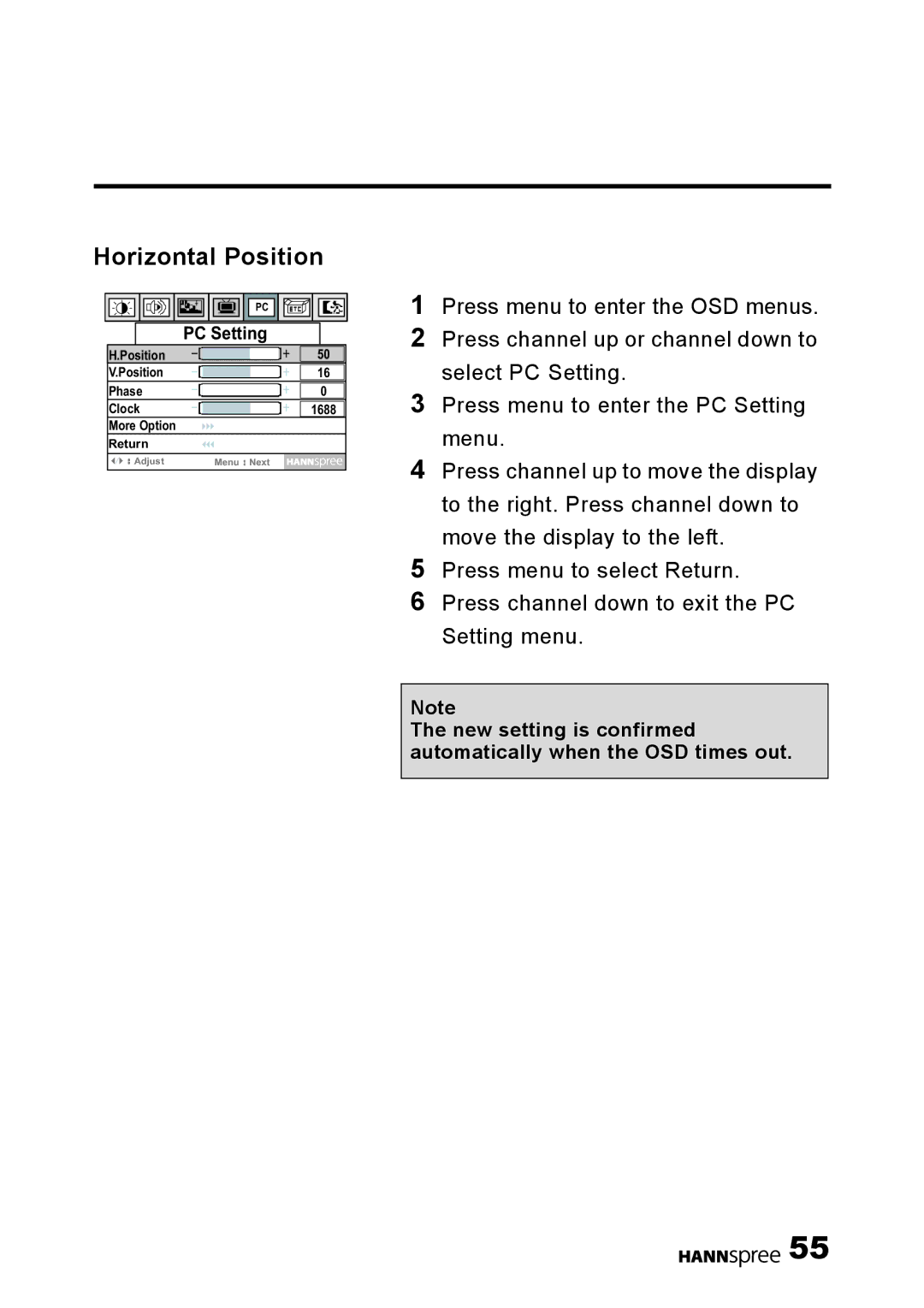 HANNspree F001-15U1-000 user manual Horizontal Position 