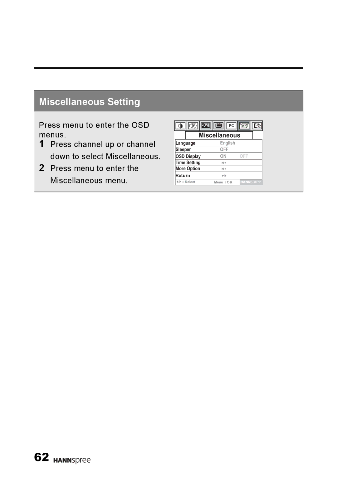 HANNspree F001-15U1-000 user manual Miscellaneous Setting 