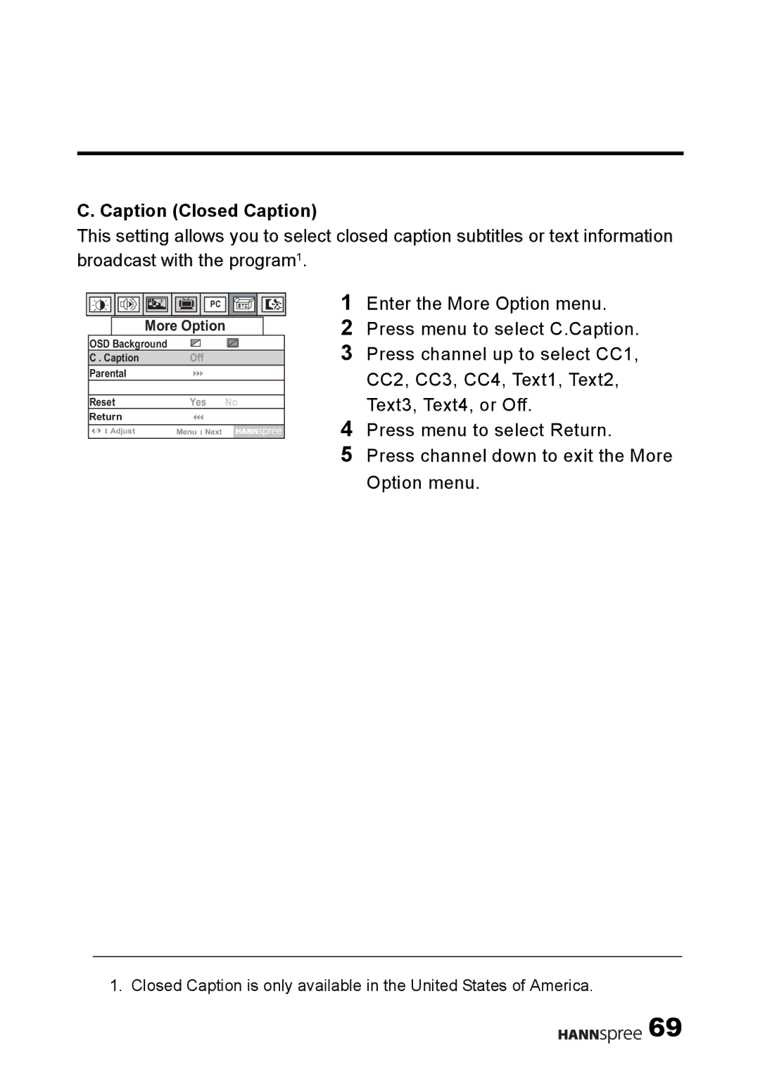 HANNspree F001-15U1-000 user manual Caption Closed Caption 