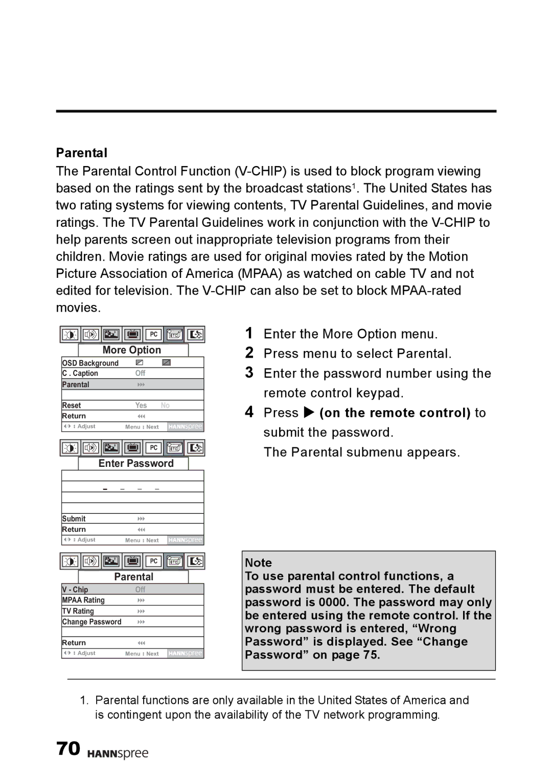 HANNspree F001-15U1-000 user manual Parental, Press X on the remote control to submit the password 