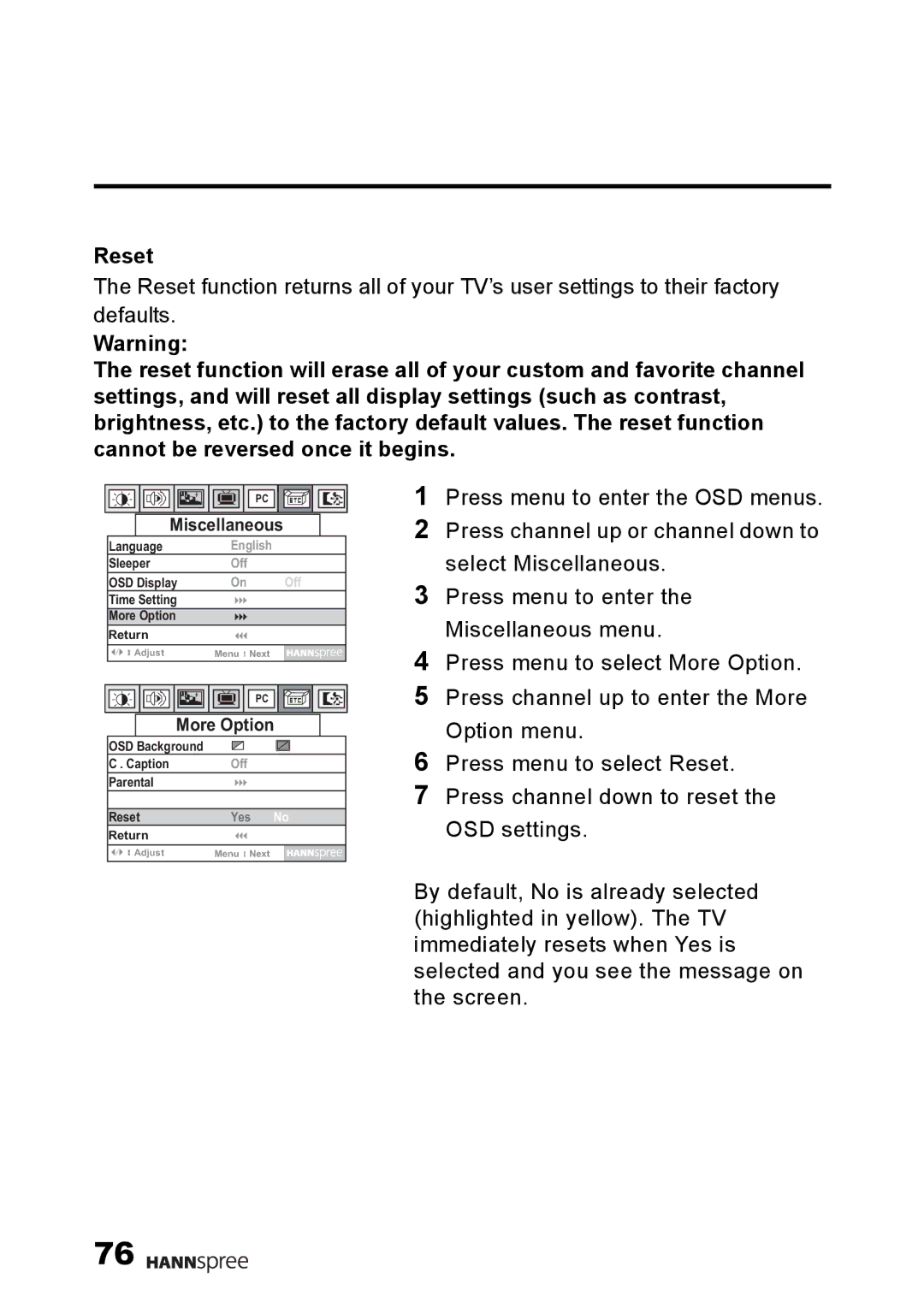 HANNspree F001-15U1-000 user manual Reset 