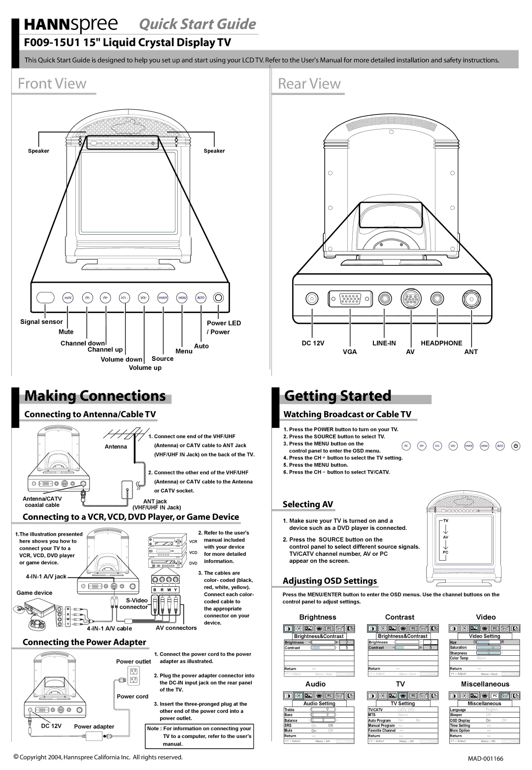 HANNspree F009-15U1 quick start Quick Start Guide, Front View, Making Connections, Getting Started 