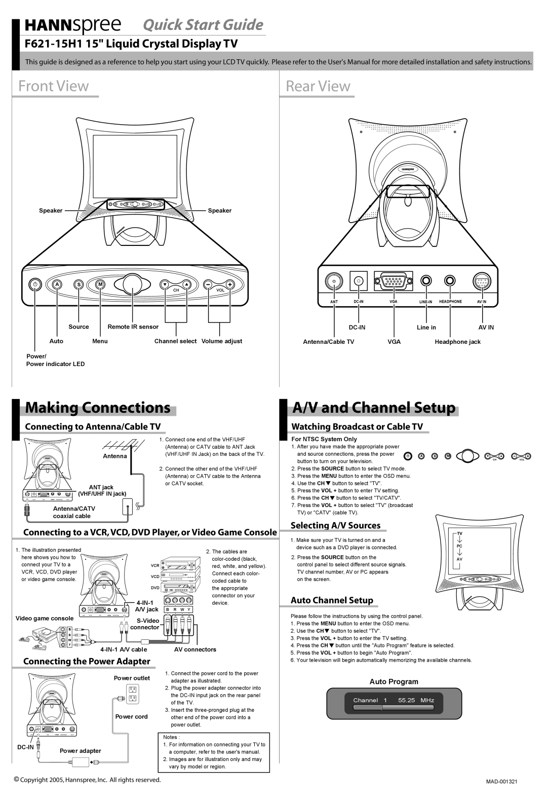 HANNspree F621-15H1 quick start Connecting to Antenna/Cable TV, Watching Broadcast or Cable TV, Selecting A/V Sources 