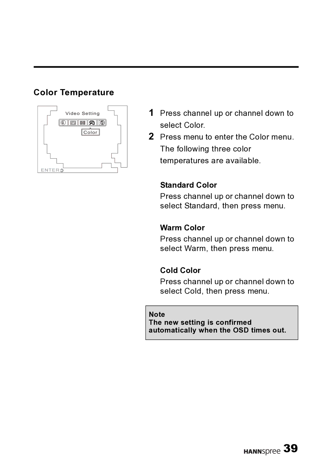 HANNspree F645-10U1-000 user manual Color Temperature, Standard Color, Warm Color, Cold Color 