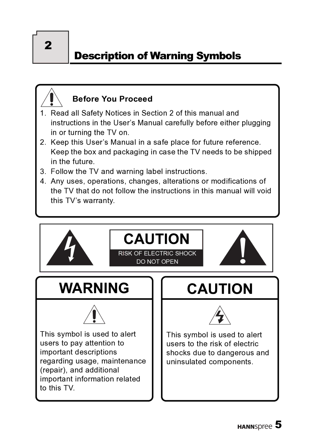 HANNspree F645-10U1-000 user manual Description of Warning Symbols, Before You Proceed 