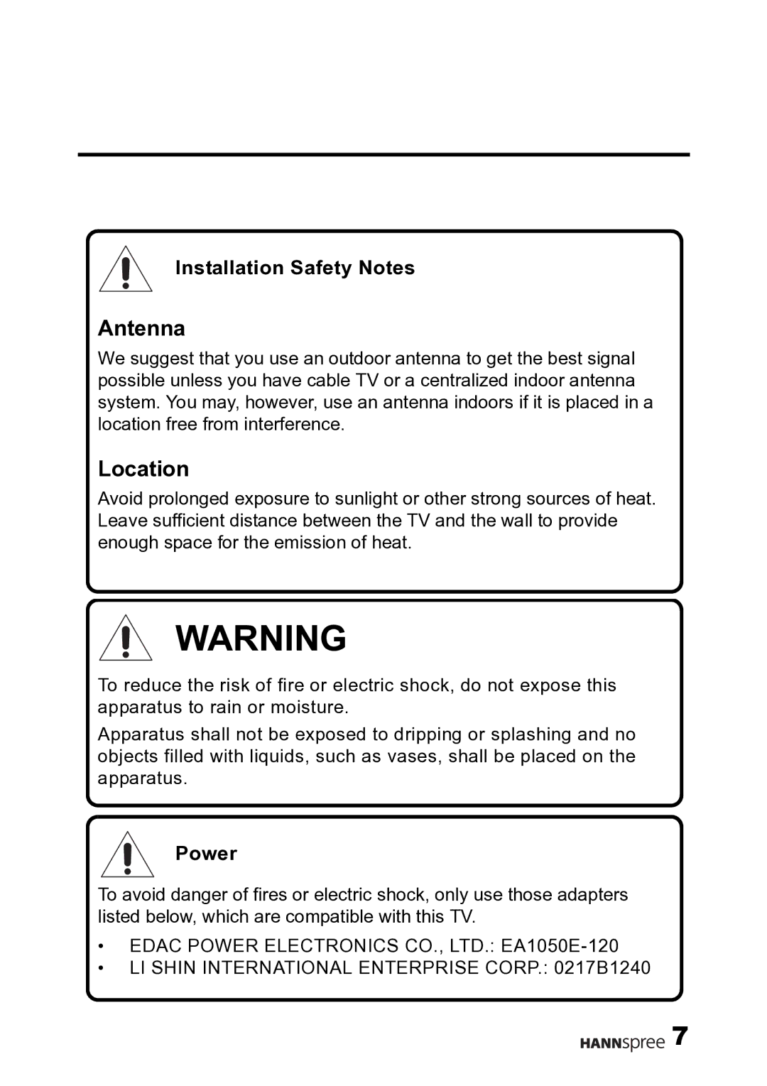 HANNspree F645-10U1-000 user manual Installation Safety Notes, Power 