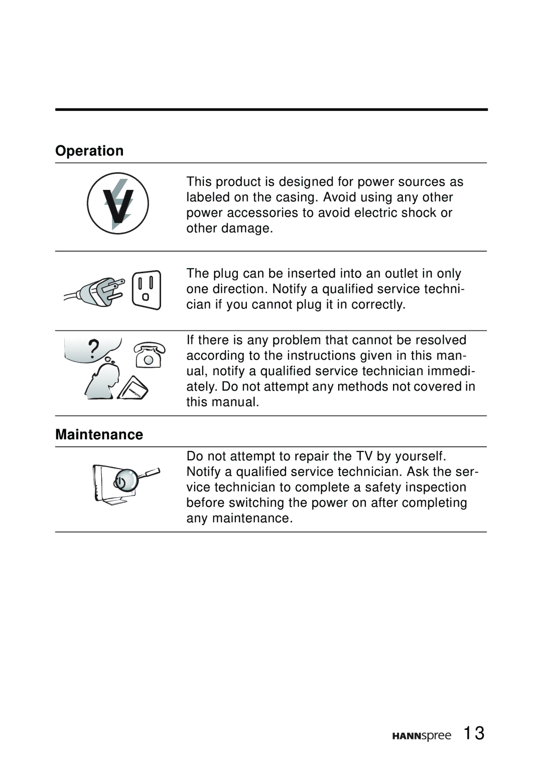 HANNspree F651-12A1 manual Operation, Maintenance 