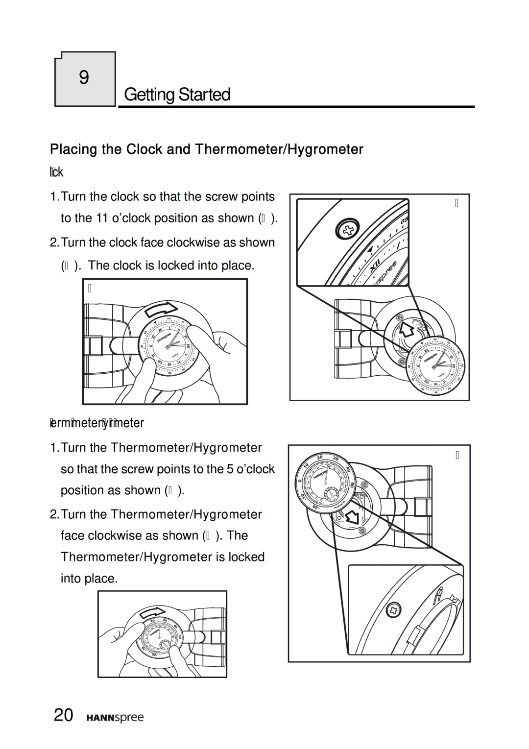 HANNspree F651-12A1 manual Getting Started, Placing the Clock and Thermometer/Hygrometer 