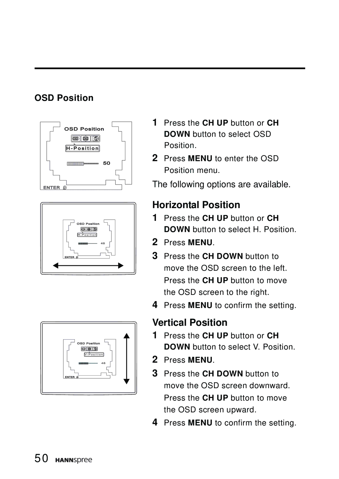 HANNspree F651-12A1 manual Horizontal Position, OSD Position 