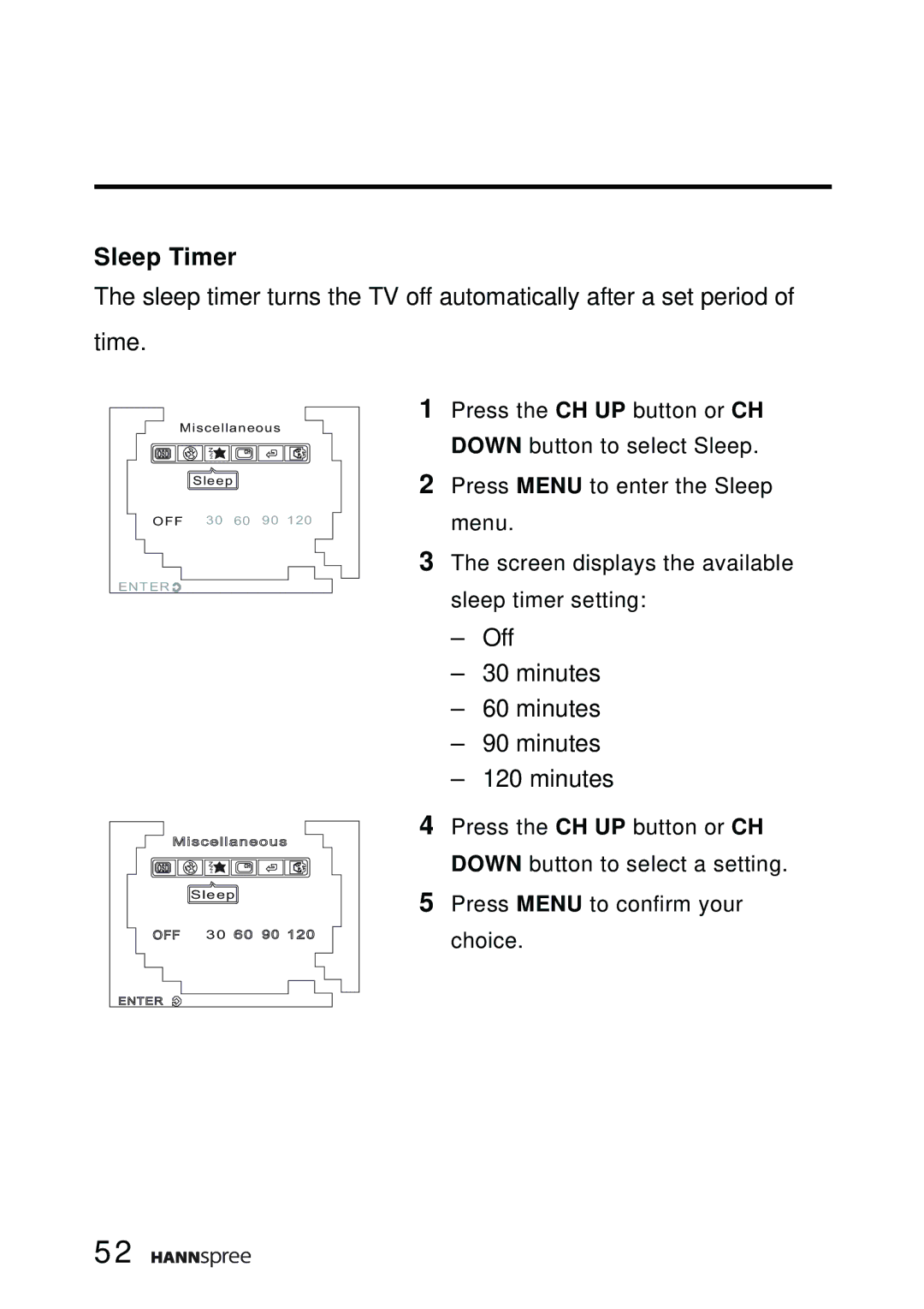 HANNspree F651-12A1 manual Sleep Timer, Off Minutes 