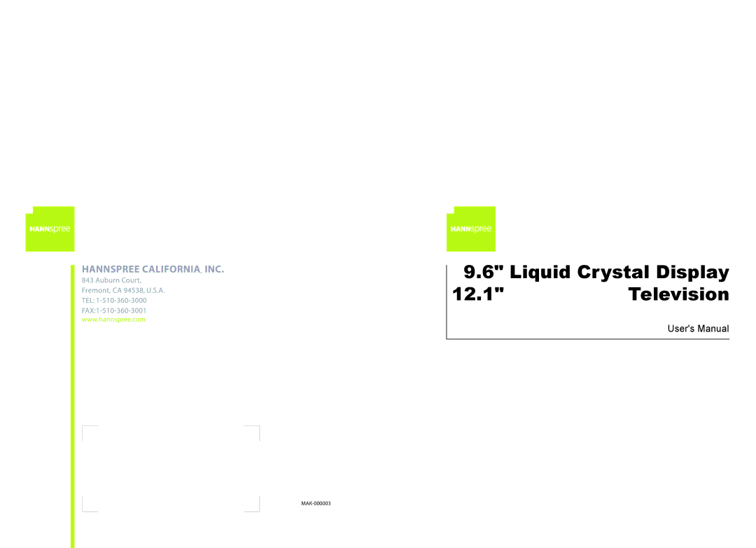 HANNspree F651-12U1-000 user manual Liquid Crystal Display 12.1Television 