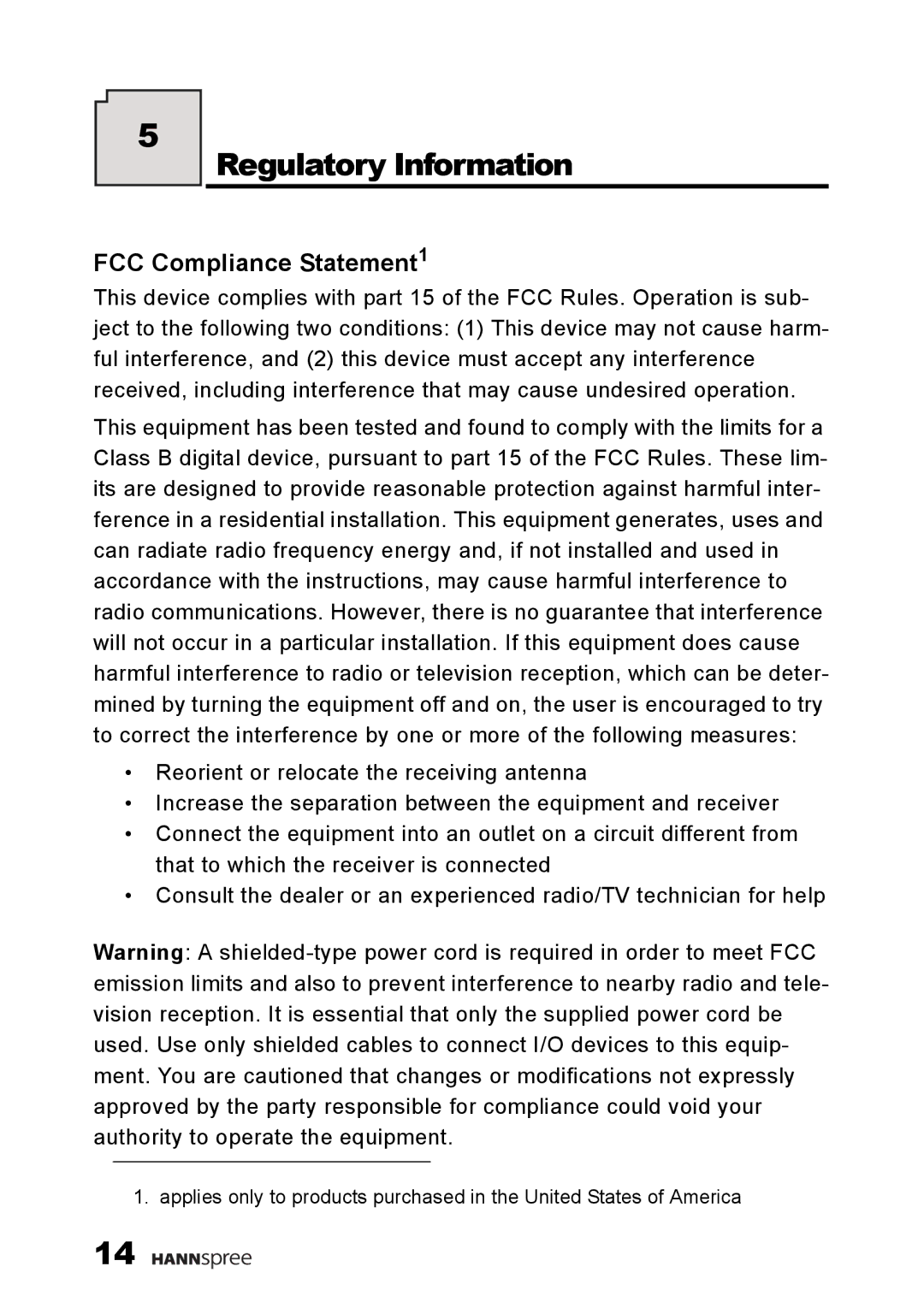 HANNspree F660-10A1 manual Regulatory Information, FCC Compliance Statement1 