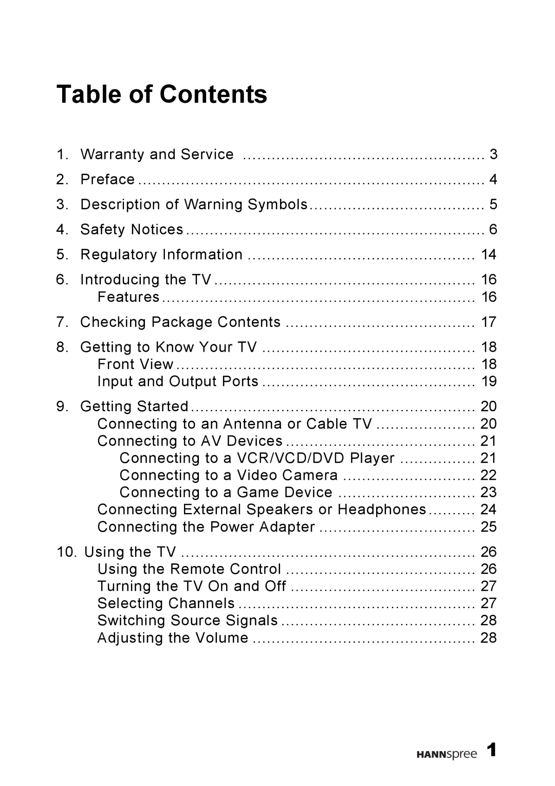 HANNspree F660-10A1 manual Table of Contents 