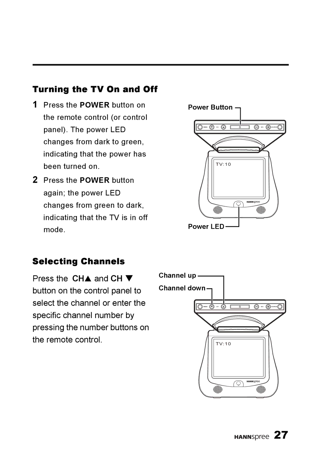 HANNspree F660-10A1 manual Turning the TV On and Off, Selecting Channels 